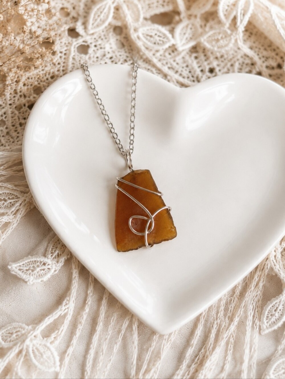 Handmade Long Island Beach Glass Necklace Wire Wrapped Pendant 18" Silver Tone